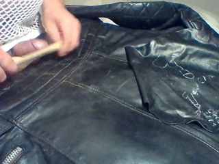 PISS AND CUM ON VINTAGE LEATHER BIKER JACKET FUCKING THONGS