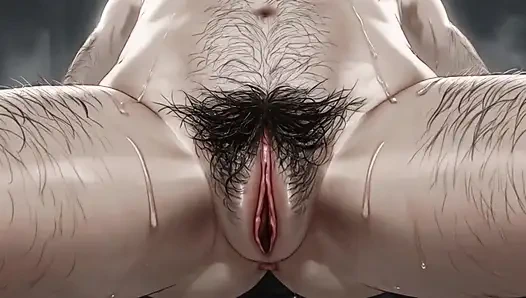 MILF showing a close-up of her hairy, wet pussy.