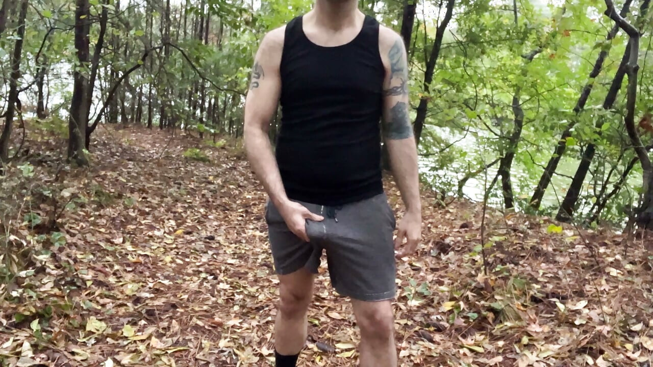 Handsome buddy jerking off by the lake at his local park exposed dick don cock penis hairy bator solo sexual