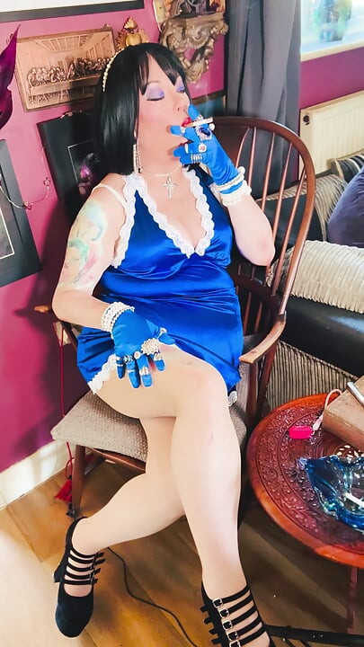 Tina Snua Chain Smokes 2 Cork Cigarettes In Satin With Gloves & Jewellery! - British Mature Smoking Smoker