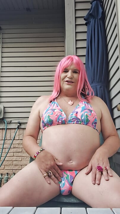 Feeling horny in my new bathing suit outside on the patio!