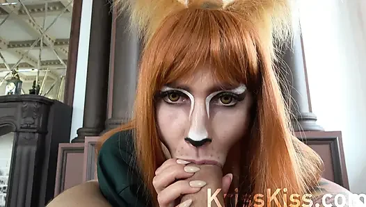 Cosplay, geiler fuchs lutscht riesigen schwanz, sperma im mund, 4k