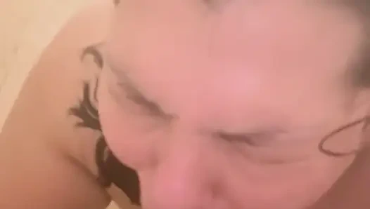 Horny Slut fucks her throat with bbc dildo in shower