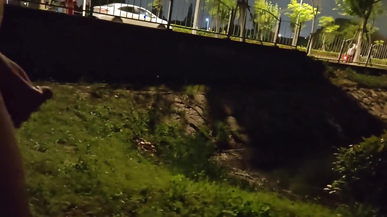 Masturbando com bunda nua ao lado de uma estrada movimentada e gozando