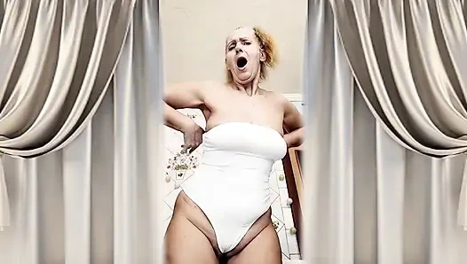 Hot Housewife Lukerya Flirts in a White Tight Bodysuit and Arranges a Hot Masturbation.