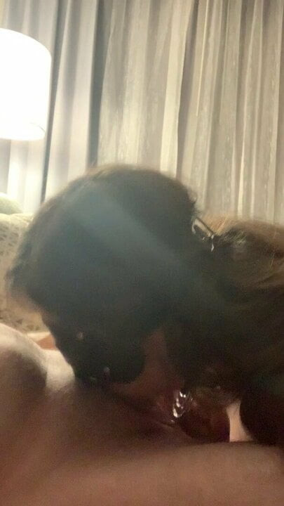 Blindfolded wife sucking cock