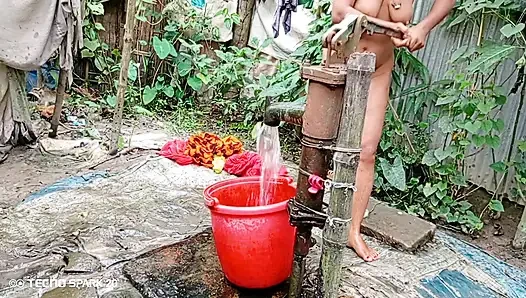 Refreshing Outdoor Bath in an Open Field