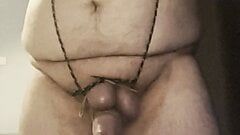 Untying and re-tying my cock and balls with shoe laces and rubber bands with nipple clamps and buttplug