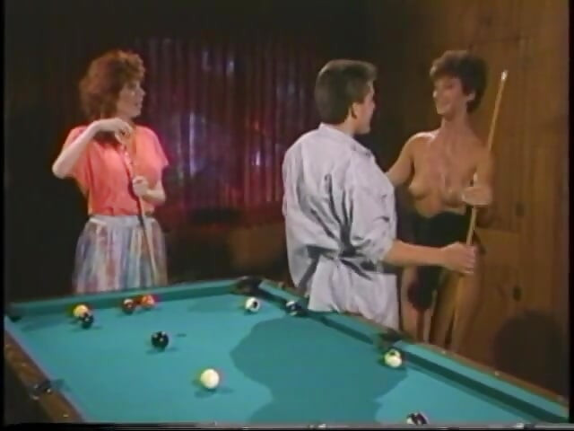 Sexy babes and horny stud fucking cute babes pussy as she lays on the pool table
