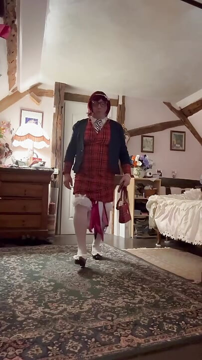 저녁을 위해 작은 격자 무늬 드레스를 입고