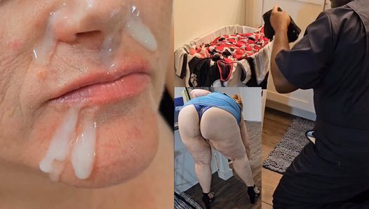 Caught perverted plumber sniffing my dirty panty in bathroom, so I let him cum on my face