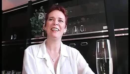 Fat German redhead bitch teases two horny dudes