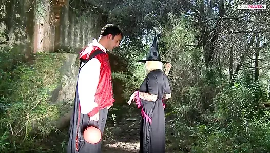 Big tits MILF sucks a huge cock while another thrusts her pussy in the wild