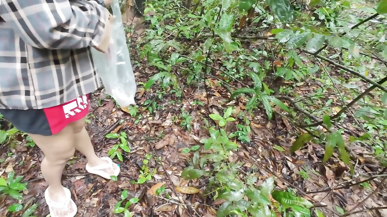Thai girls walking and talking and picking mushrooms in the forest, secretly showing in the deep forest Clear Thai voice