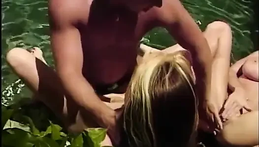 Beautiful big boobs blonde pussy fucking threesome in the swimming pool