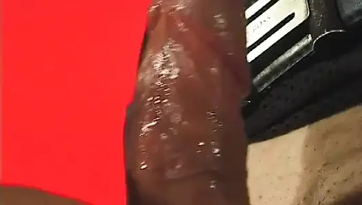 This slut loves sucking huge cock while bound in leather