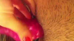pink rabbit vibe in hairy pussy