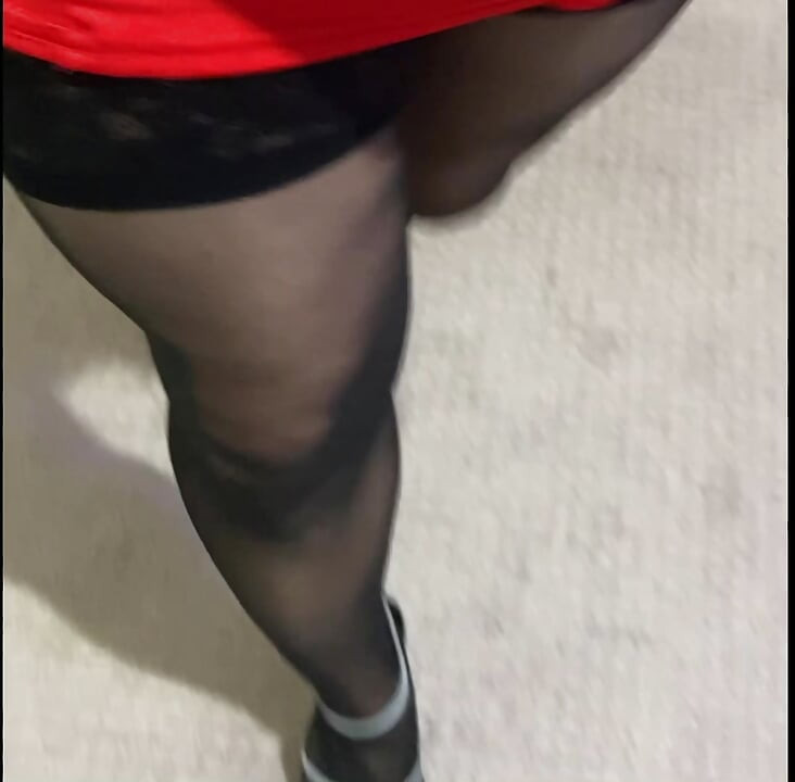Crossdresser flaunting by walking around in short skirts and dresses, heels and stockings trying to arouse cocks and shemales