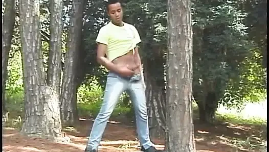 Two latino guys in the forest pleasing their dongs