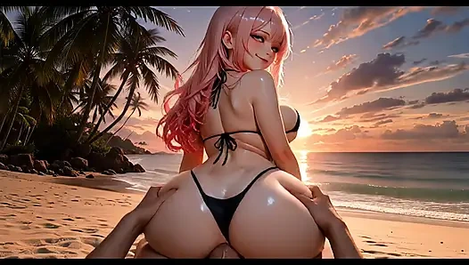 İri göğüslü pembe saçlı kadın götten ve amından grup seks yapıyor