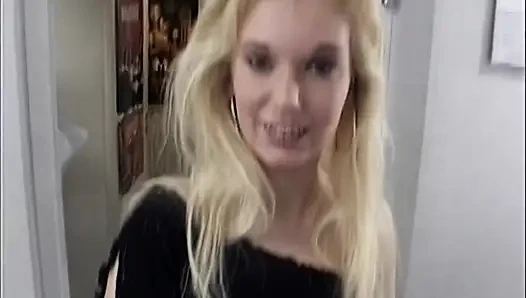 Blonde Is Fucked by Three Guys in the Video Store and Has to Blow