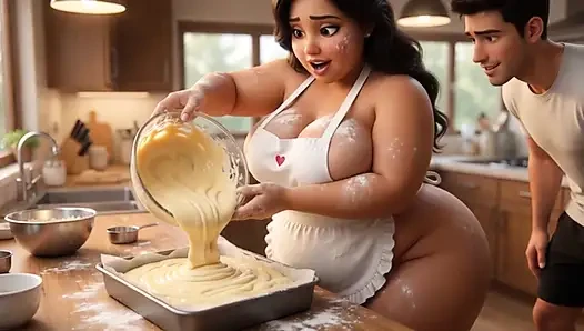 Curvy Latina bakes naked under tiny apron while her young stepson watches every move (AI generated)