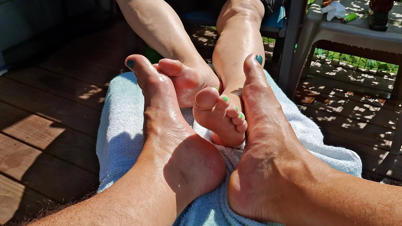 Massage oil on our feet for us while we relax