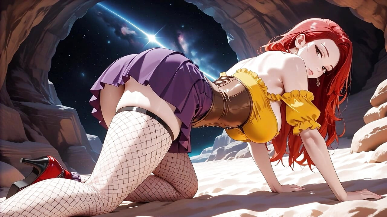 Hentai, jolie rousse obscène supplie pour de l’amour crémeux dans une grotte cosmique
