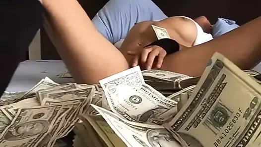 Married woman gets very horny when she sees cash and masturbates for all of you to see