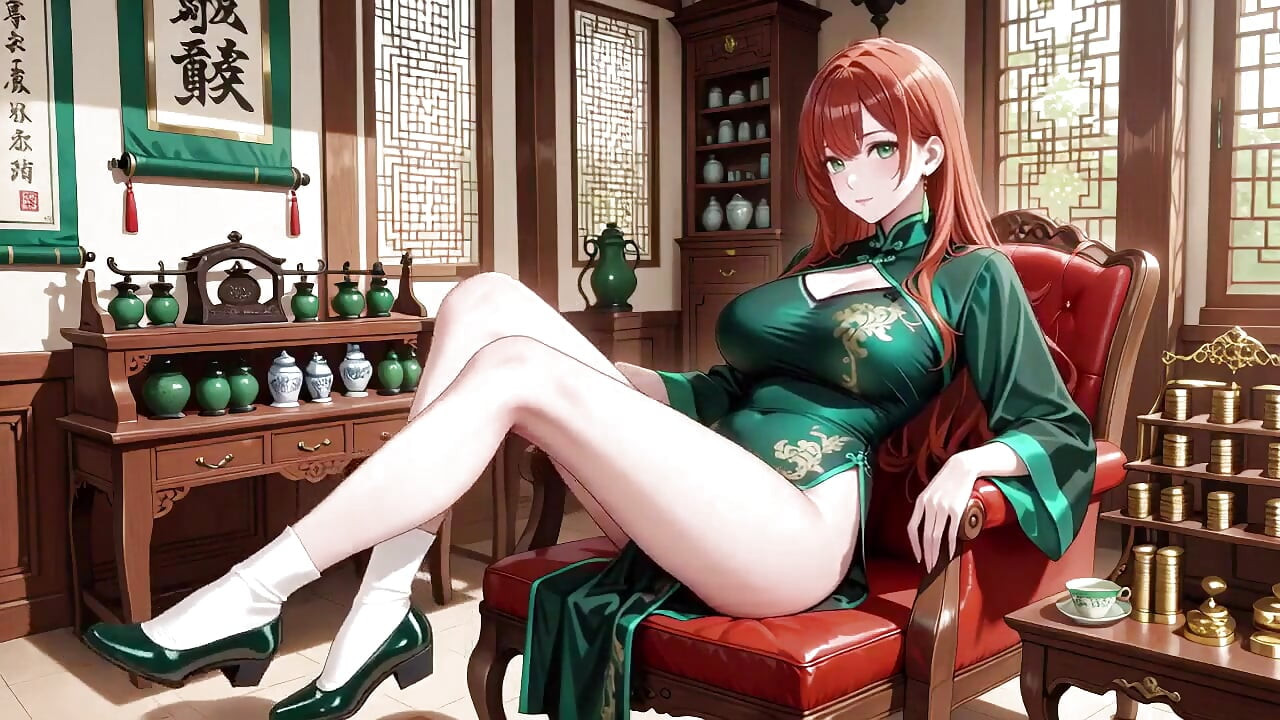 Cabelo vermelho e Qipao esmeralda! Sedução preguiçosa no Pátio Oriental