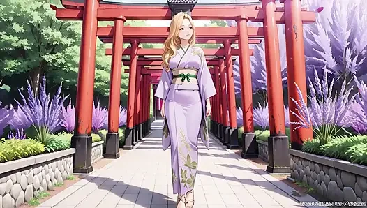 Blonde in Lavender! Kneeling barefoot under the red Torii gate, her andouf fluttering in the breeze.