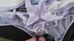 Wrapped jerk off and cum in MILF's dirty bra and panties