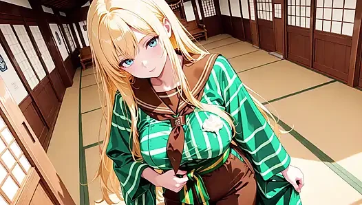 She sips beer while fixing her apron, revealing creamy cleavage.