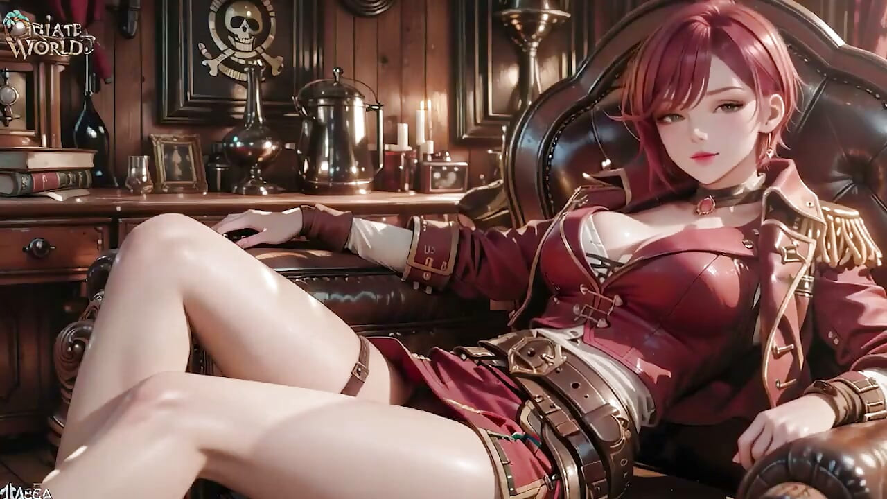 Redhead Pirate Captain! Playing with Her Cutlass in a Vintage Ship Cabin.
