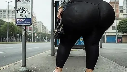 "Masked BBW Changes from Black Leggings to Tiny Thong at Public Bus Stop"