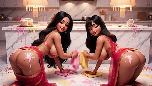 Zwei üppige indische lesben putzen den küchenboden auf allen vieren und enthüllen traditionelle kleidung ohne höschen