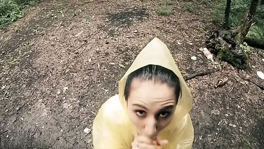 Black Lynn in Yellow Raincoat Sucking Cock in the Woods - Outdoor Blowjob and Cum in Mouth