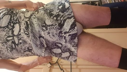 Panty boy wearing new tight short dress flashing panties