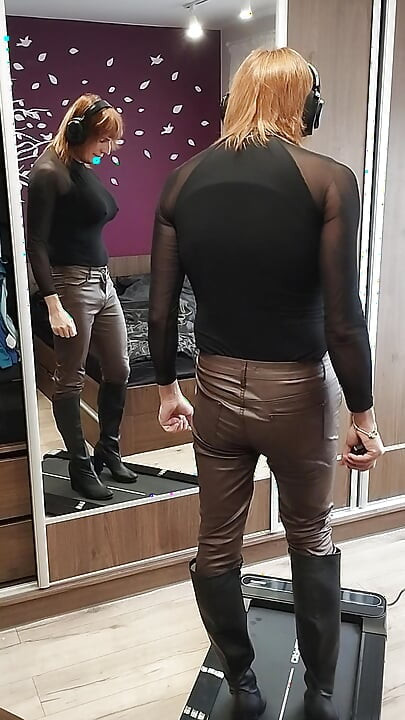 Learning to walk in heels in leather pants