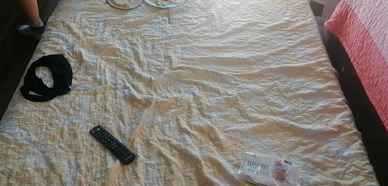 Sexy wife eating breakfast in the bedroom. Amateur wife does a workout at home naked.