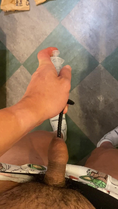 Pumped lube down my cock and slid the silicone sound deeper than I ever have before.