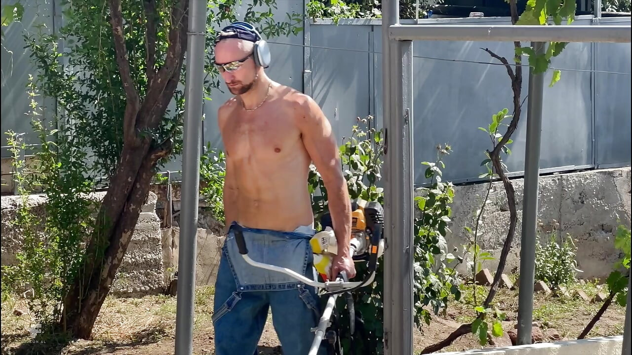 A well-endowed gardener fucks a guy hard in the garden and cums several times