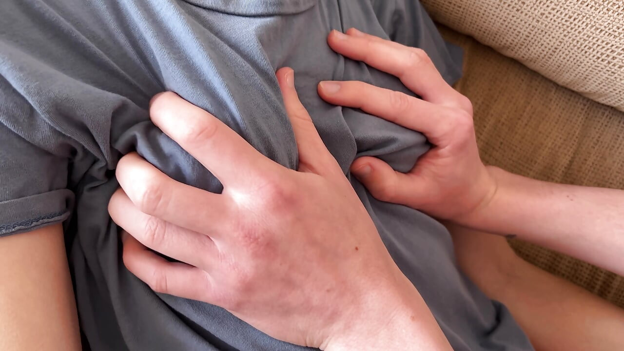 My slutty stepsister let me cum on her teen tits, tender handjob