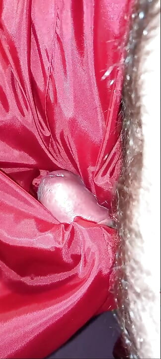 4 cumshots on the sweet lining of a red lady puffer coat