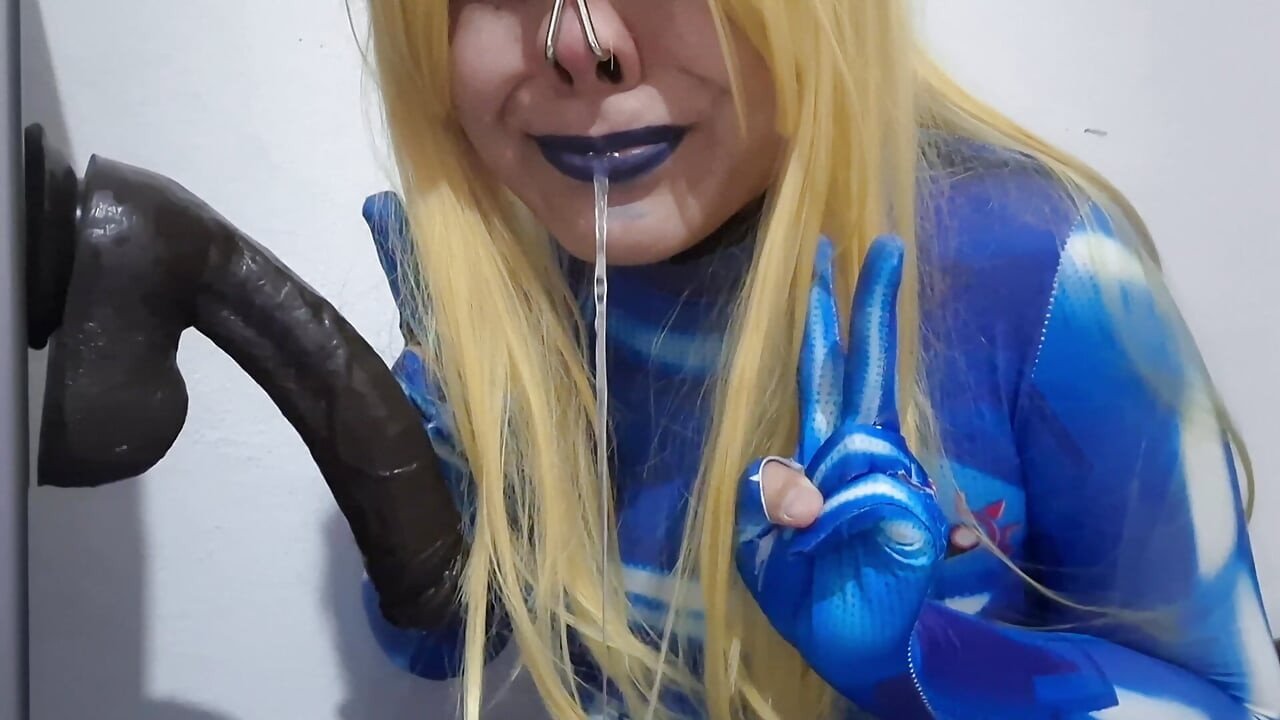 Cute Samus Femboy with BDSM Nosehook giving a Sloppy Blowjob to BBC Dildo, Deepthroat, Facial Fuck and Eating Semen