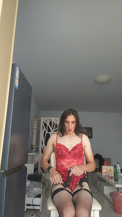 Sissy slut strips, plays with dildo and vibe before Cumming | Clip 2