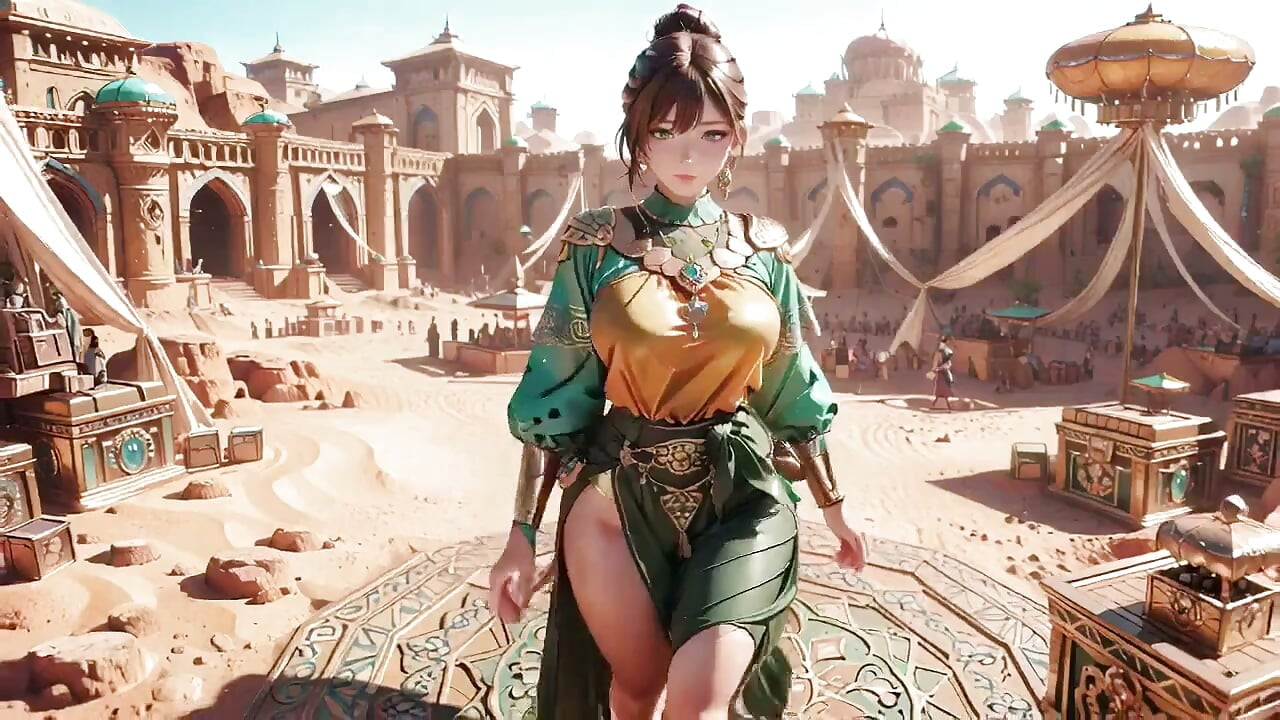 绿金女王加冕! 懒惰的侧边在沙漠宫殿, 手指戏弄头发和面纱, 阳光亲吻的皮肤闪闪发光.