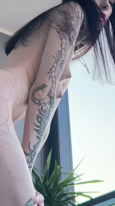Goth Girl masturbates on her balcony with a BBC dildo | Clip 2