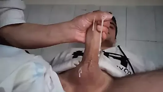 Blowjob and masturbation for hot young man with big cock comes out a lot of milk