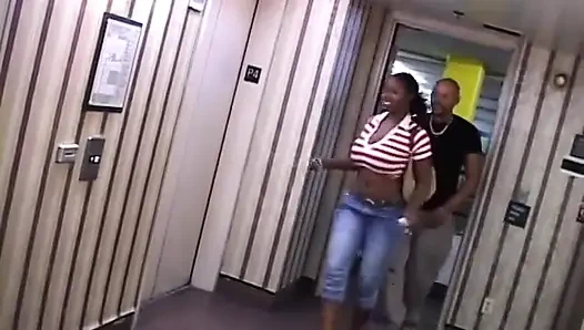 Happy cute ebony babe with incredible boobs gets cock in doggy style
